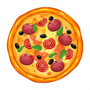 Fresh pizza with different ingredients tomato, cheese, olive, sausage, basil. Traditional italian fast food. Top view meal. European traditional snack. Isolated white background vector illustration.
